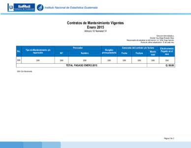 Contratos de Mantenimiento Vigentes Enero 2015 Artículo 10 Numeral 14 Dirección Administrativa. Director: Ing. Edgar Rolando Elías Responsable de actualizar la información: Lic. Victor Hugo Asencio