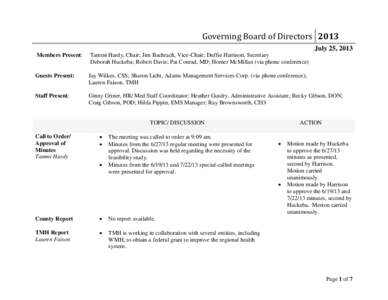 Governing Board of Directors 2013 July 25, 2013 Members Present: Tammi Hardy, Chair; Jim Bachrach, Vice-Chair; Duffie Harrison, Secretary Deborah Huckeba; Robert Davis; Pat Conrad, MD; Homer McMillan (via phone conferenc