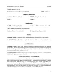 BIOACCUMULATION SUMMARY  NICKEL Chemical Category: METAL Chemical Name (Common Synonyms): NICKEL