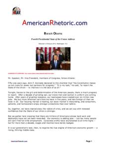 AmericanRhetoric.com Barack Obama Fourth Presidential State of the Union Address Delivered 12 February 2013, Washington, D.C.  AUTHENTICITY CERTIFIED: Text version below transcribed directly from audio