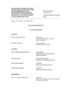 FIFTH REVIEW CONFERENCE OF THE STATES PARTIES TO THE CONVENTION BWC/CONF.V/INF.3 ON THE PROHIBITION OF THE DEVELOPMENT, PRODUCTION AND 7 December 2001