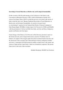 Knowledge of Social Minorities on Biodiversity and Ecological Sustainability On the occasion of the Eleventh meeting of the Conference of the Parties to the Convention on Biological Diversity (COP11) held in Hyderabad in