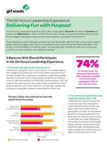 The Girl Scout Leadership Experience:  Delivering Fun with Purpose! The Girl Scout Leadership Experience (GSLE) encourages girls to Discover themselves, Connect with others, and Take Action to make the world a better pla