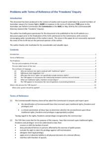 Problems with Terms of Reference of the ‘Freedoms’ Enquiry Introduction This document has been produced in the context of studies and research undertaken by several members of Australian Lawyers for Human Rights (ALH