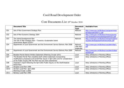 Cooil Road Development Order Core Documents List 20th October 2010 Document Title CD1  Isle of Man Government Strategic Plan