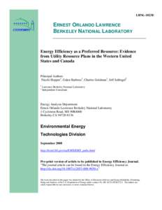 Energy Efficiency as a Preferred Resource: Evidence from Utility Resource Plans in the Western United States and Canada