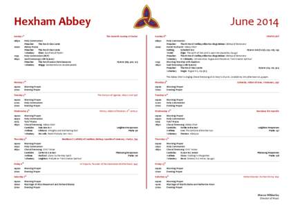 Hexham	
  Abbey	
   Sunday	
  1st	
      	
  