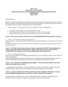 Q&A’s #2 to Request for Proposals (RFP) Statewide Personnel System SaaS Human Capital Management Solution RFP #060B3490012 June 6, 2013