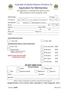 Associates of Vietnam Veterans of America, Inc.  Application for Membership Mail applications to: Monument Bank | AVVA Lock Box 8602 Colesville Rd | Silver Spring, MD[removed]State/Chapter