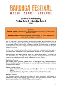30-Year Anniversary Friday June 5 – Sunday June[removed]Purpose Barunga Festival is a celebration of remote Indigenous community life though music, sport and culture.