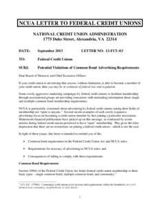NCUA LETTER TO FEDERAL CREDIT UNIONS NATIONAL CREDIT UNION ADMINISTRATION 1775 Duke Street, Alexandria, VA[removed]DATE:  September 2013