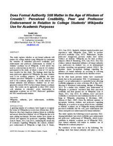 Does Formal Authority Still Matter in the Age of Wisdom of Crowds?: Perceived Credibility, Peer and Professor Endorsement in Relation to College Students’ Wikipedia