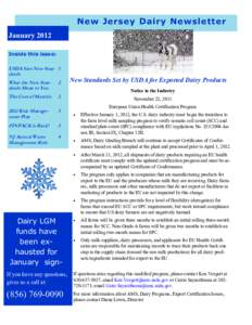 New Jersey Dairy Newsletter January 2012 Inside this issue: USDA Sets New Stan- 1 dards