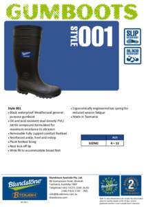 Style 001  Black waterproof Weatherseal general purpose gumboot  Oil and acid resistant dual density PVC/ nitrile compound formulated for maximum resistance to abrasion