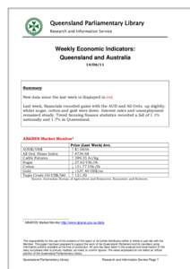 Queensland Parliamentary Library Research and Information Service Weekly Economic Indicators: Queensland and Australia[removed]