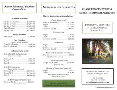 Sunset Memorial Gardens Property Pricing Available Gardens Garden of Devotion………….$1,Garden of Peace…………. ….$1,000.00
