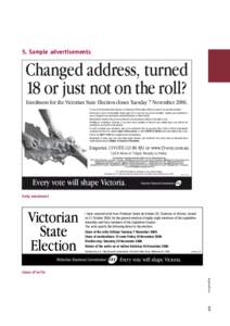 5. Sample advertisements  Changed address, turned 18 or just not on the roll? Enrolment for the Victorian State Election closes Tuesday 7 November[removed]To vote at the Victorian State election on Saturday 25 November 200