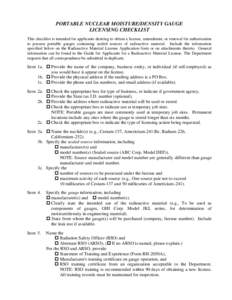 Licensing Checklist for Portable Nuclear/Moisture Density Gauge