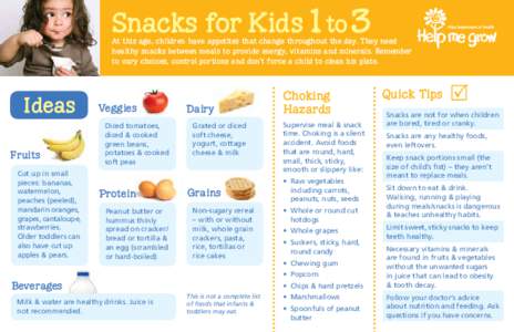 Snacks for Kids 1 to 3  At this age, children have appetites that change throughout the day. They need healthy snacks between meals to provide energy, vitamins and minerals. Remember to vary choices, control portions and