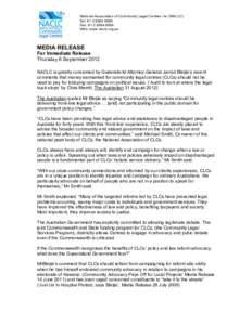 National Association of Community Legal Centres Inc (NACLC) Tel: [removed]Fax: [removed]Web: www.naclc.org.au  MEDIA RELEASE