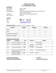 CURRICULUM VITAE DR. MOAZZAM ALI KHAN PERSONNEL Date of Birth Nationality Postal Address