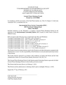 STATE OF UTAH UTAH DEPARTMENT OF ENVIRONMENTAL QUALITY DIVISION OF WATER QUALITY UTAH WATER QUALITY BOARD SALT LAKE CITY, UTAH[removed]Ground Water Discharge Permit