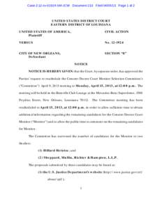 Case 2:12-cv[removed]SM-JCW Document 210 Filed[removed]Page 1 of 2  UNITED STATES DISTRICT COURT EASTERN DISTRICT OF LOUISIANA UNITED STATES OF AMERICA, Plaintiff