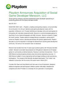 Page 1 of 2  Playdom Announces Acquisition of Social
