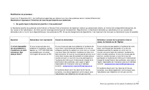 Modification du processus : À partir du 5e décembre 2011, les modifications apportées aux dates et aux lieux des audiences seront traitées différemment. Questions et réponses à l’intention de tous les participan