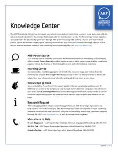 Knowledge Center The ARF Knowledge Center has developed specialized tools and services to help members keep up-to-date with the latest and most substantive knowledge that is applicable to their business needs. The Knowle