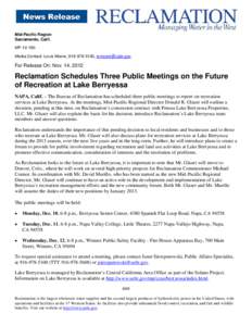 Reclamation Schedules Three Public Meetings on the Future of Recreation at Lake Berryessa