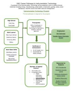 A graduate of the Instrumentation Technology will be prepared to work in several diverse industries including mining, manufacturing, power plants, construction, gaming, sales, power distribution, machine control and wate