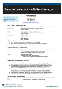 Sample Title Title resume – radiation therapy Rhoda Radiation DO NOT COPY: You are advised not to copy this sample, but to use it to