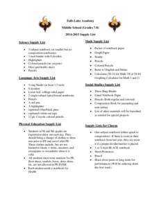 Falls Lake Academy Middle School (Grades[removed]Supply List Science Supply List  