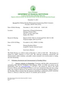 Summary of December 11, 2012 Division of Banks Rulemaking Hearing