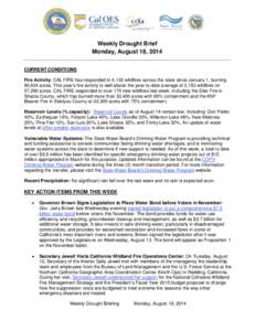 Weekly Drought Brief Monday, August 18, 2014 CURRENT CONDITIONS Fire Activity: CAL FIRE has responded to 4,132 wildfires across the state since January 1, burning 80,634 acres. This year’s fire activity is well above t