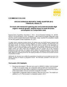 FOR IMMEDIATE RELEASE  ARCOS DORADOS REPORTS THIRD QUARTER 2012