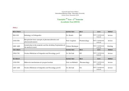 Università degli Studi di Milano International Medical school - Humanitas University Istituto Clinico Humanitas (ICH) Timetable 4th Year – 2nd Semester Accademic Year