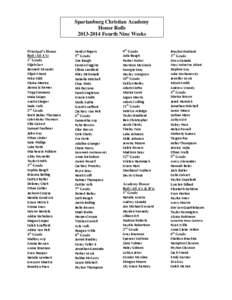 Spartanburg Christian Academy Honor Rolls[removed]Fourth Nine Weeks Principal’s Honor Roll (All A’s) 1st Grade