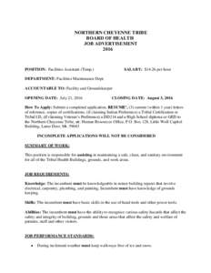 NORTHERN CHEYENNE TRIBE BOARD OF HEALTH JOB ADVERTISEMENTPOSITION: Facilities Assistant (Temp.)