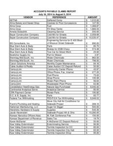 ACCOUNTS PAYABLE CLAIMS REPORT July 16, 2014 to August 5, 2014 VENDOR REFERENCE AETNA Deffered Comp