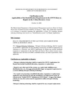 RHODE ISLAND DEPARTMENT OF ENVIRONMENTAL MANAGEMENT OFFICE OF WATER RESOURCES Clarification on the Applicability of the Denitrification Requirement in the OWTS Rules to Repairs in the Critical Resource Areas