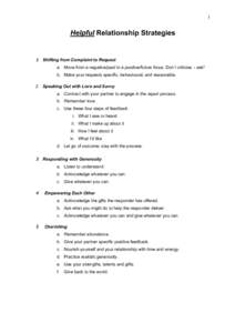 1  Helpful Relationship Strategies 1 Shifting from Complaint to Request a. Move from a negative/past to a positive/future focus. Don’t criticise – ask!