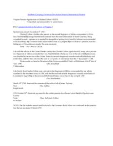 Southern Campaign American Revolution Pension Statements & Rosters Virginia Pension Application of Charles Collins VAS279 Transcribed and annotated by C. Leon Harris [From pension records in the Library of Virginia.] Spo