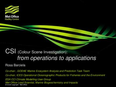 CSI (Colour Scene Investigation): from operations to applications Rosa Barciela Co-chair , GODAE Marine Ecosystem Analysis and Prediction Task Team Co-chair, ICES Operational Oceanographic Products for Fisheries and the 