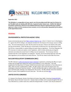 September 2015 The following is a compendium of news reports over the preceding month that may be of interest to our AG offices who are dealing with DOE sites or general nuclear waste issues. Neither the National Associa