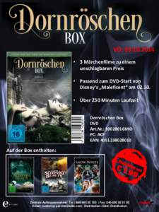 VÖ:  • 3 Märchenfilme zu einem unschlagbaren Preis • Passend zum DVD-Start von Disney‘s „Maleficent“ am 02.10. • Über 250 Minuten Laufzeit