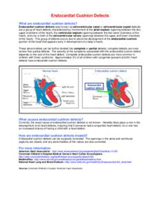 Endocardial Cushion Defects What are endocardial cushion defects? Endocardial cushion defects (also known as atrioventricular canal or atrioventricular septal defects) are a group of heart defects characterized by involv