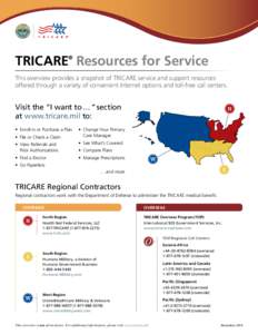 TRICARE® Resources for Service This overview provides a snapshot of TRICARE service and support resources offered through a variety of convenient Internet options and toll-free call centers. Visit the “I want to …