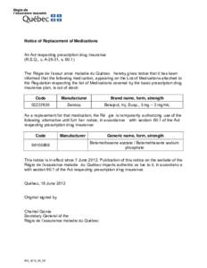 Notice of Replacement of Medications An Act respecting prescription drug insurance (R.S.Q., c. A-29.01, s[removed]The Régie de l’assur ance maladie du Québec hereby gives notice that it has been informed that the foll